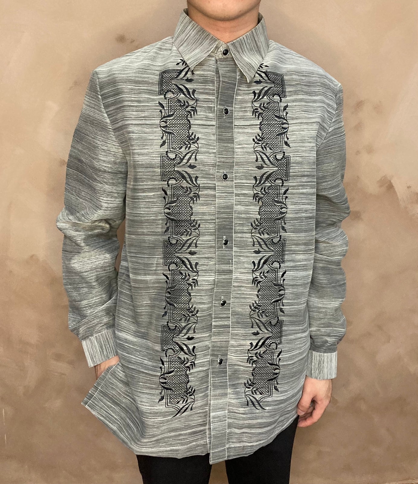Grey Tagalog Rufino - Modern Barong Tagalog (Black and Gray) – BarongTagalog.com